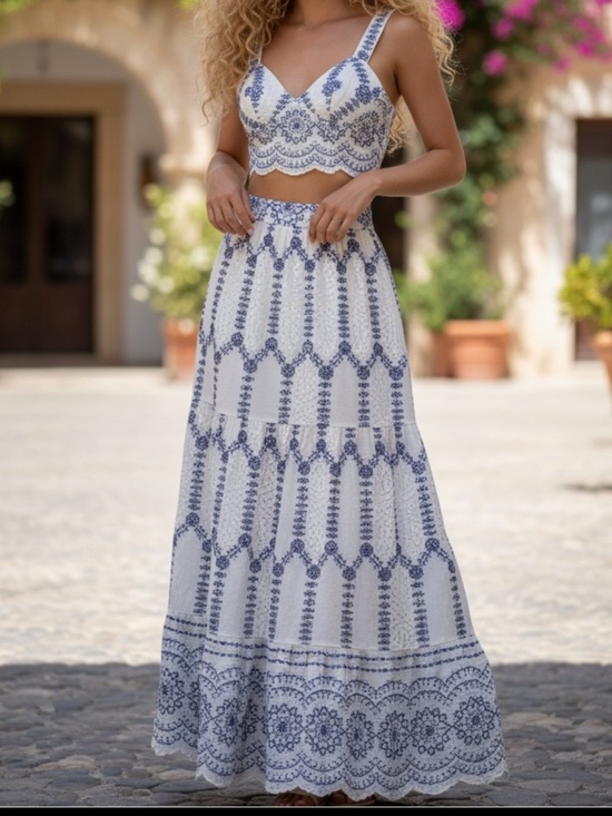 Commense Dresses & Skirts - NWT-COMMENSE White and Blue Embroidered Maxi Skirt & Top set
